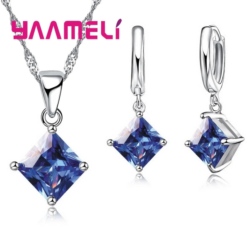 Women's 925 Sterling Silver Geometric Square Pendant Necklace and Earrings Set with Zircon for Wedding