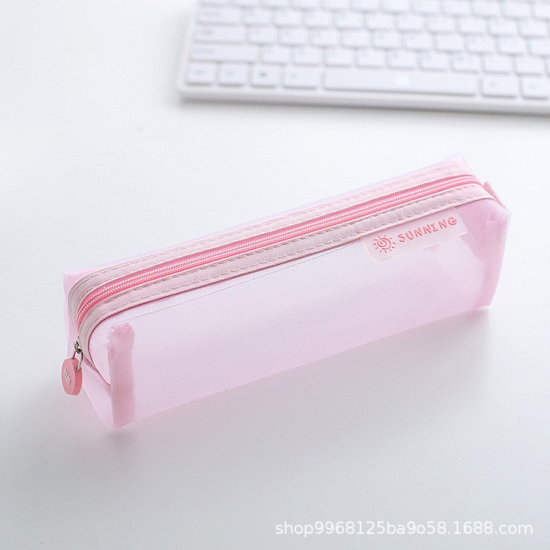 Lkblock Transparent Stationery Pencil Bag - Large Capacity Nylon Mesh Pen Case for Students