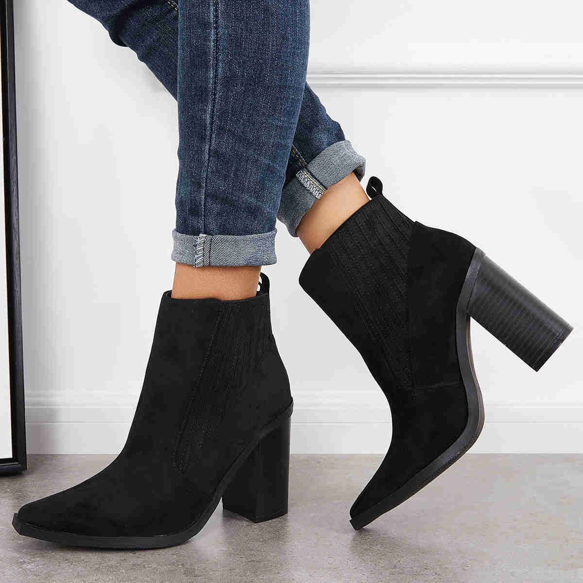 Pointed Toe Chunky Block Heel Ankle Boots Chelsea Western Booties