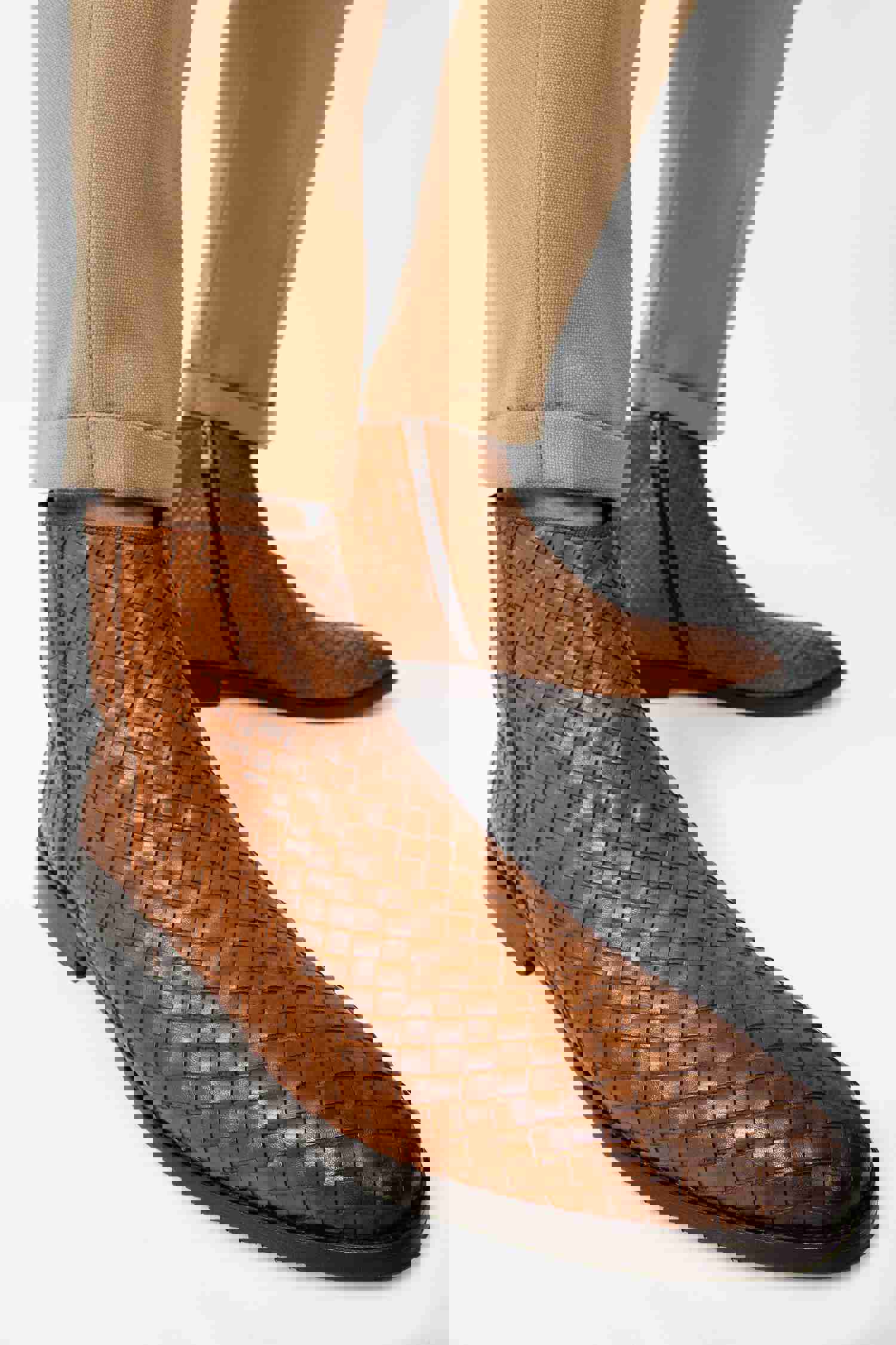 Wellington Tan Handwoven Leather Men Boot with Zipper