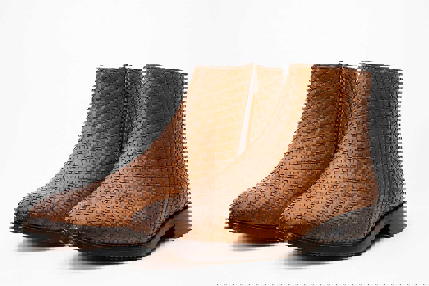 Wellington Tan Handwoven Leather Men Boot with Zipper