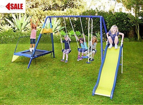 Skroutz Metal Swing Set with Slide and Trampoline for Kids Outdoor Play