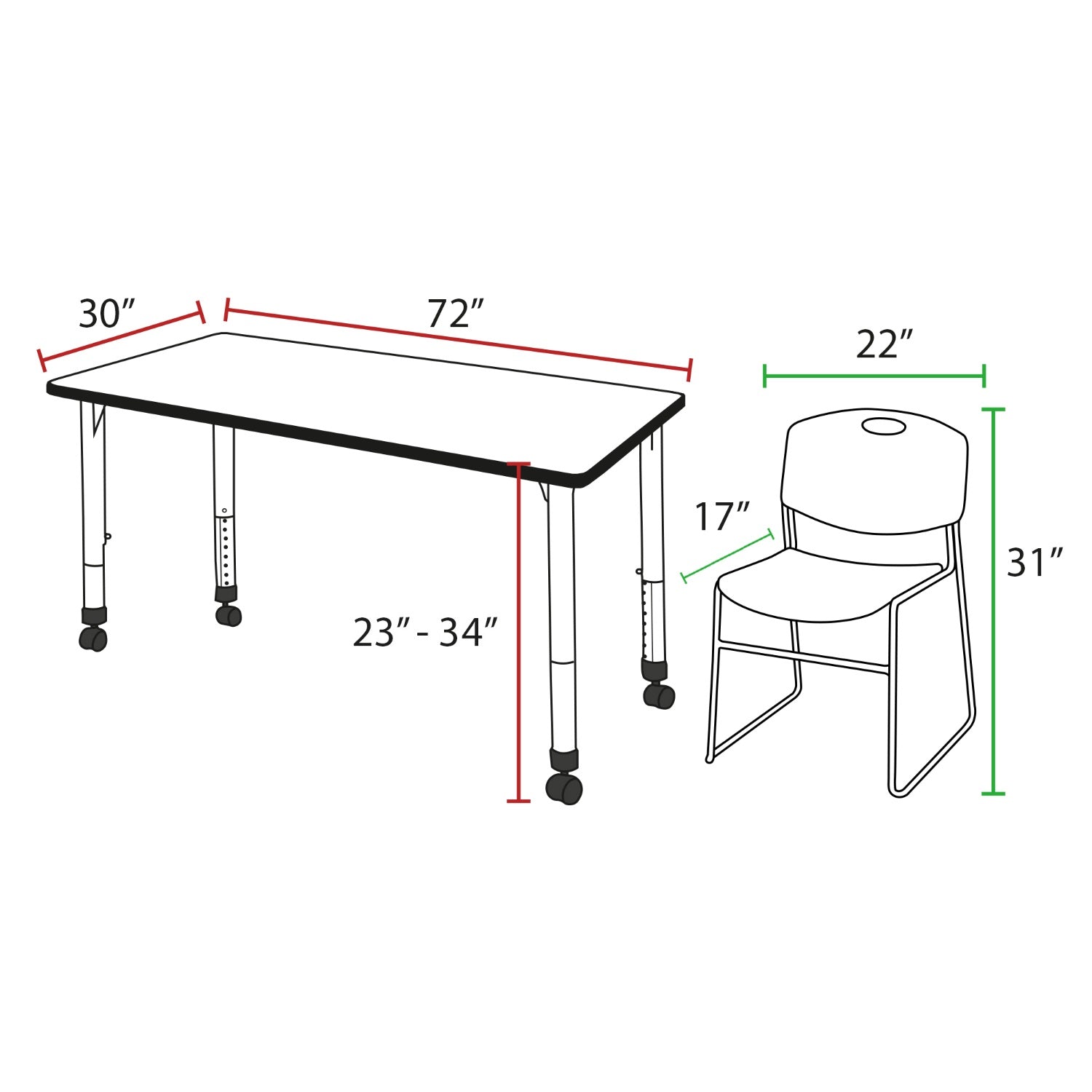 Kee Classroom Table and Chair Package - Adjustable Height Table with 2 Black Zeng Stack Chairs