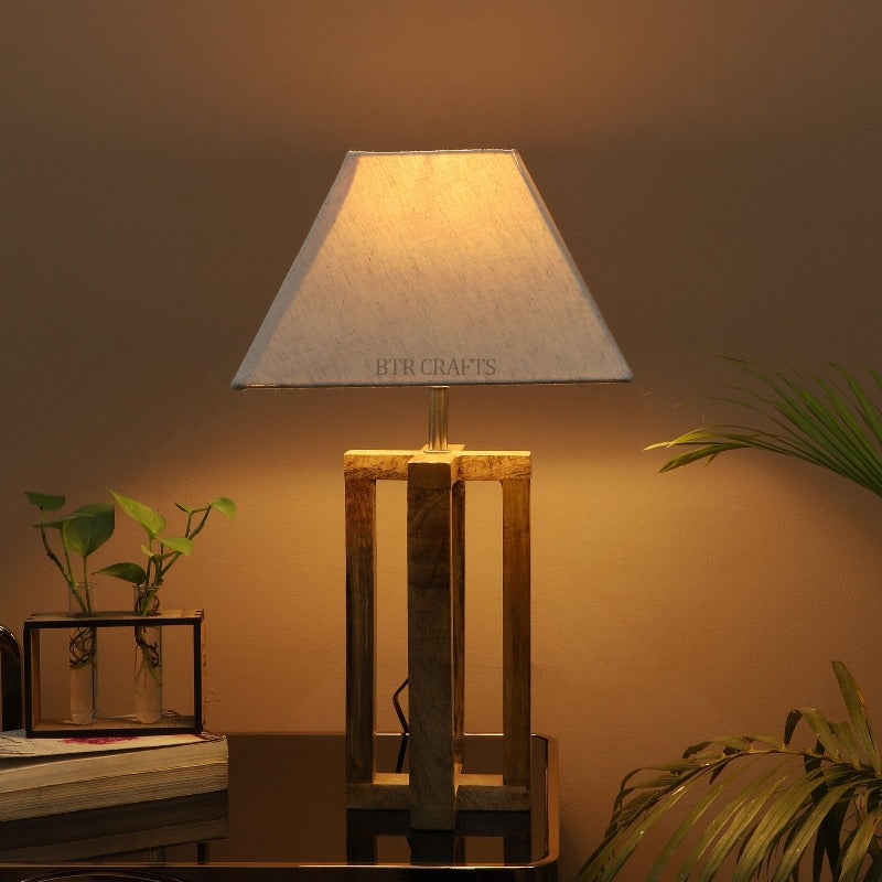 BTR CRAFTS Natural Wooden Cross Table Lamp with Flex Creamy Fabric Shade