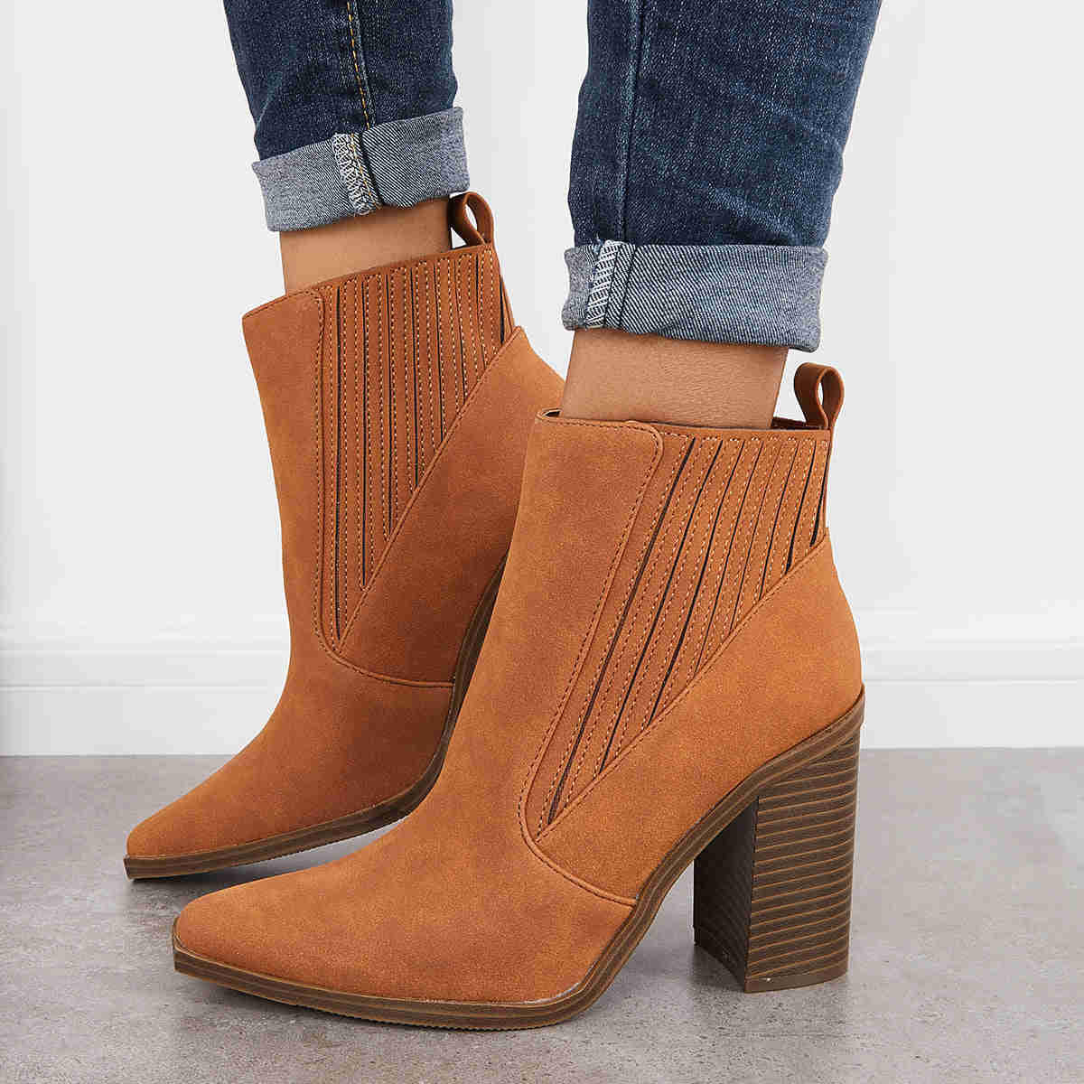 Pointed Toe Chunky Block Heel Ankle Boots Chelsea Western Booties