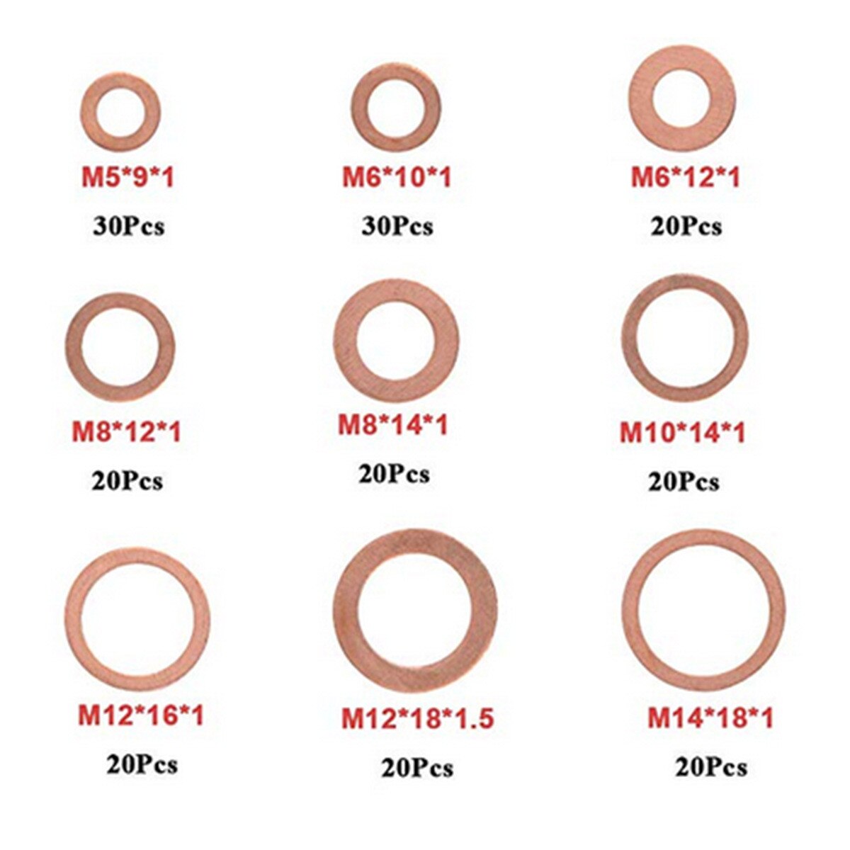 200pcs Copper Washer Gasket Nut and Bolt Set Flat Ring Seal Assortment Kit with Box for Sump Plugs (M8/M10/M12/M14)