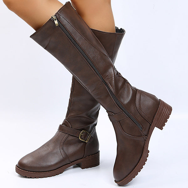 Corashoes Round Toe PU Back Zipper Tall Boots - Fashion & Casual Low Heel Boots