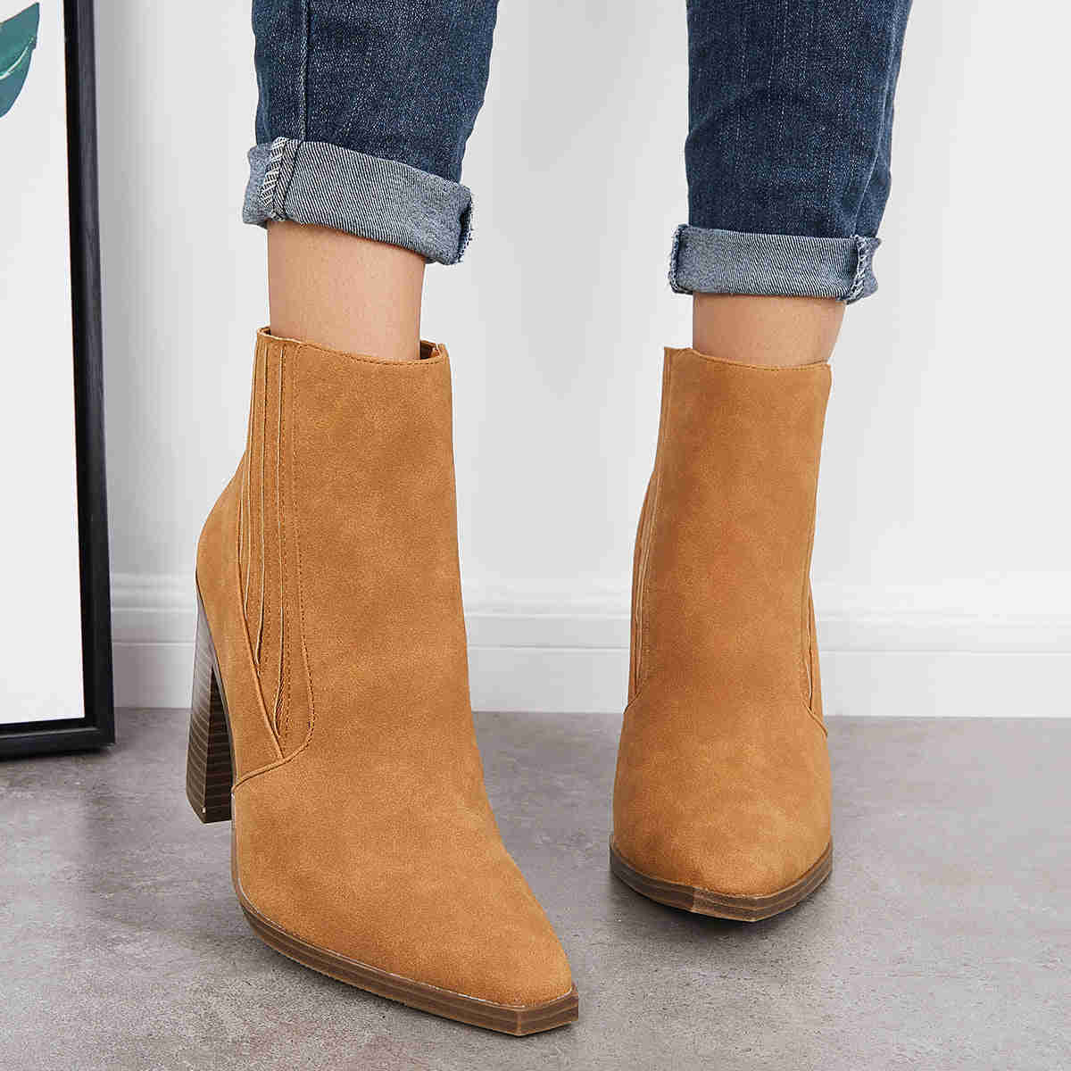 Pointed Toe Chunky Block Heel Ankle Boots Chelsea Western Booties