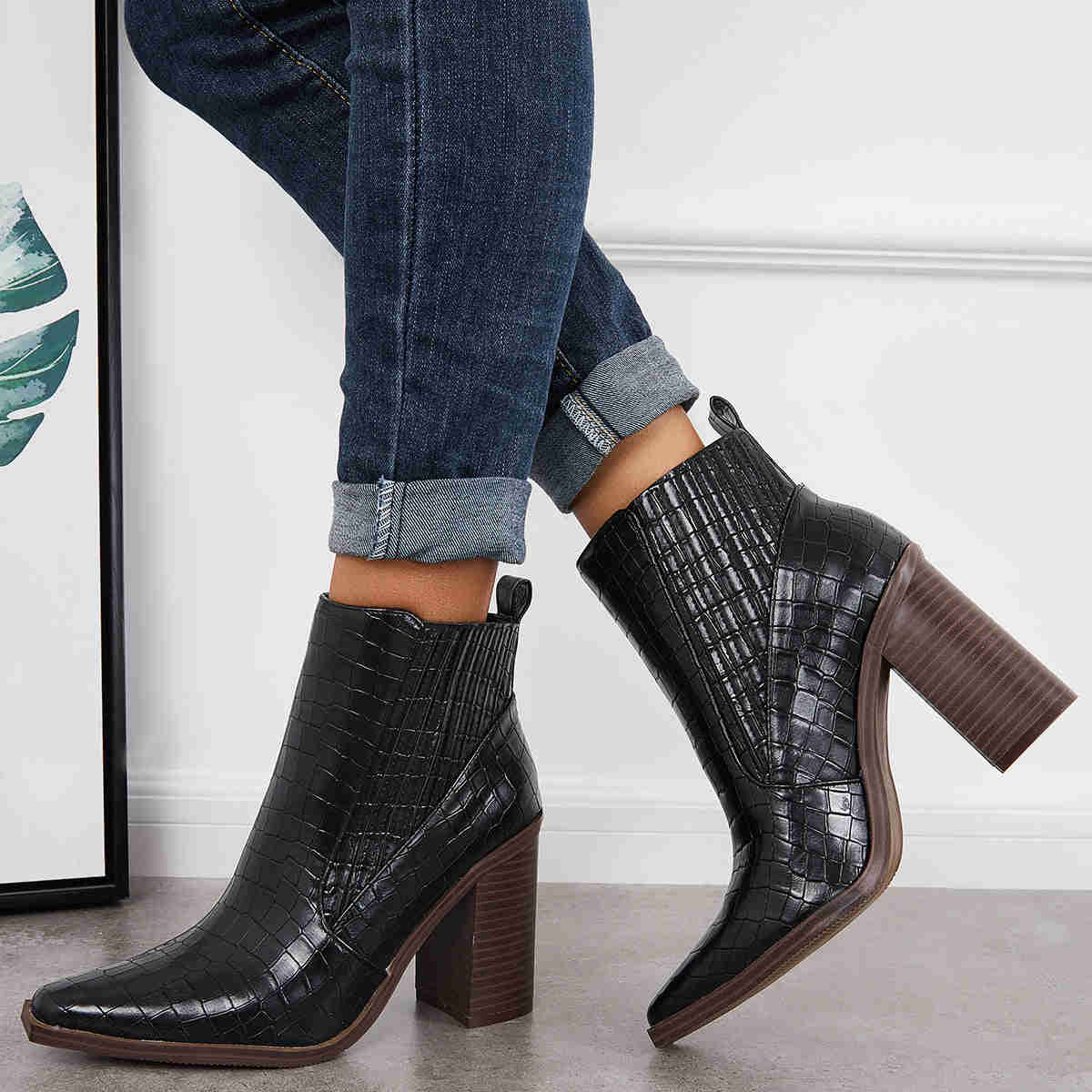 Pointed Toe Chunky Block Heel Ankle Boots Chelsea Western Booties