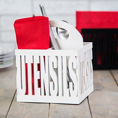 4 Sectional Wood Utensil Caddy with Wood Utensil Cutout for Kitchen Countertop Storage