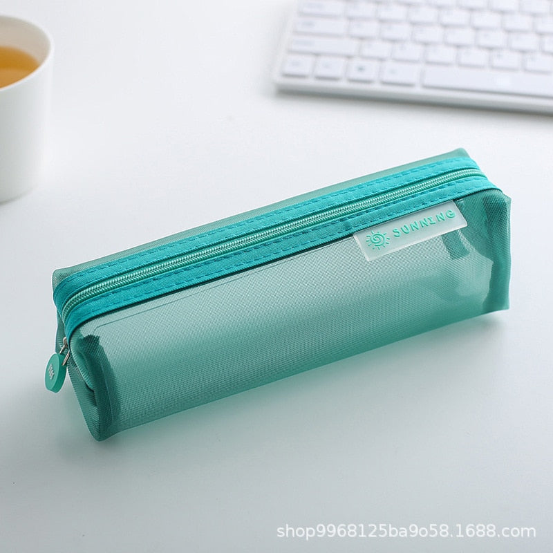 Lkblock Transparent Stationery Pencil Bag - Large Capacity Nylon Mesh Pen Case for Students