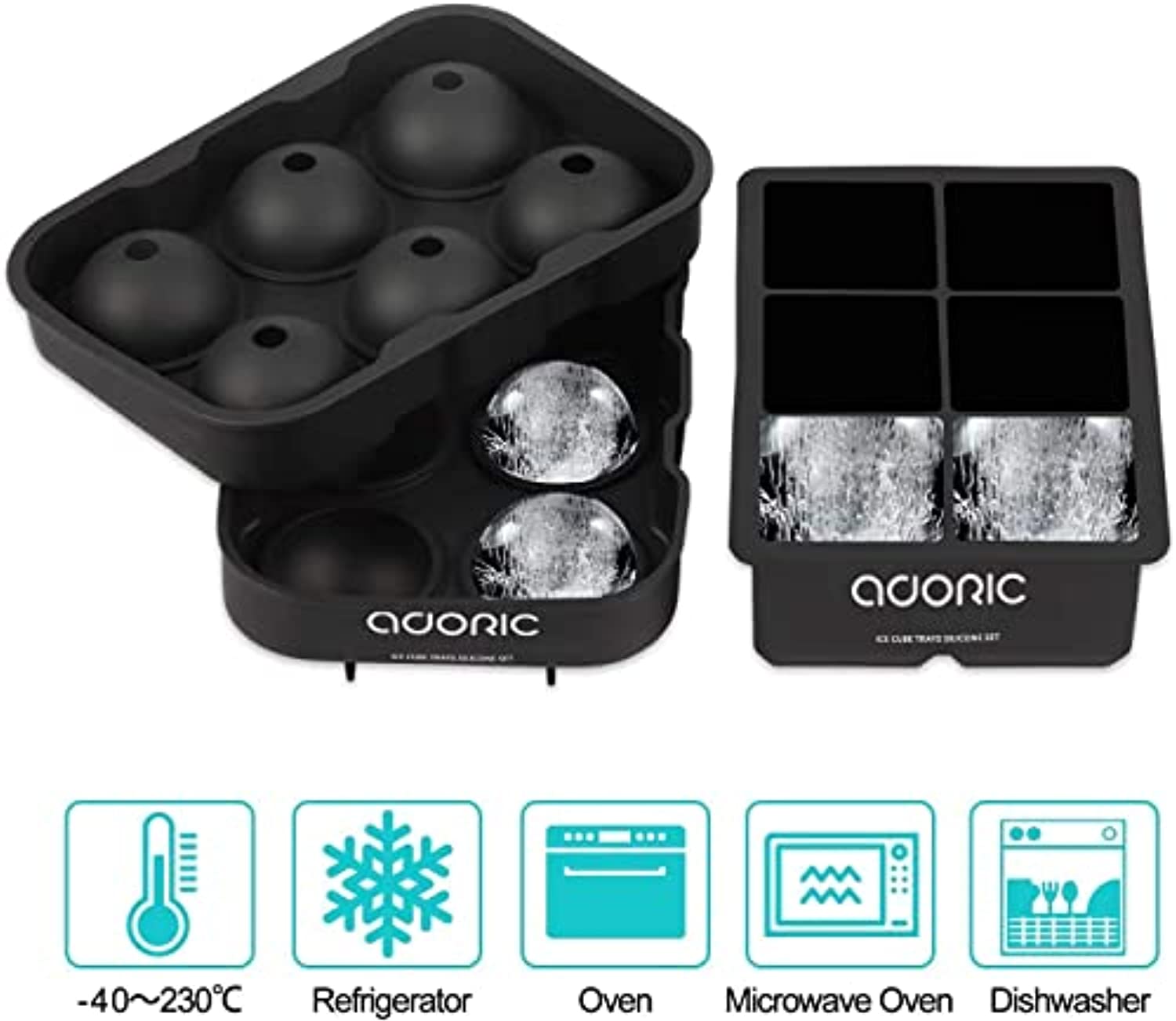 Adoric Silicone Ice Cube Tray Set - Large Square & Sphere Ice Ball Maker with Lid for Whiskey, BPA Free (2-Pack)