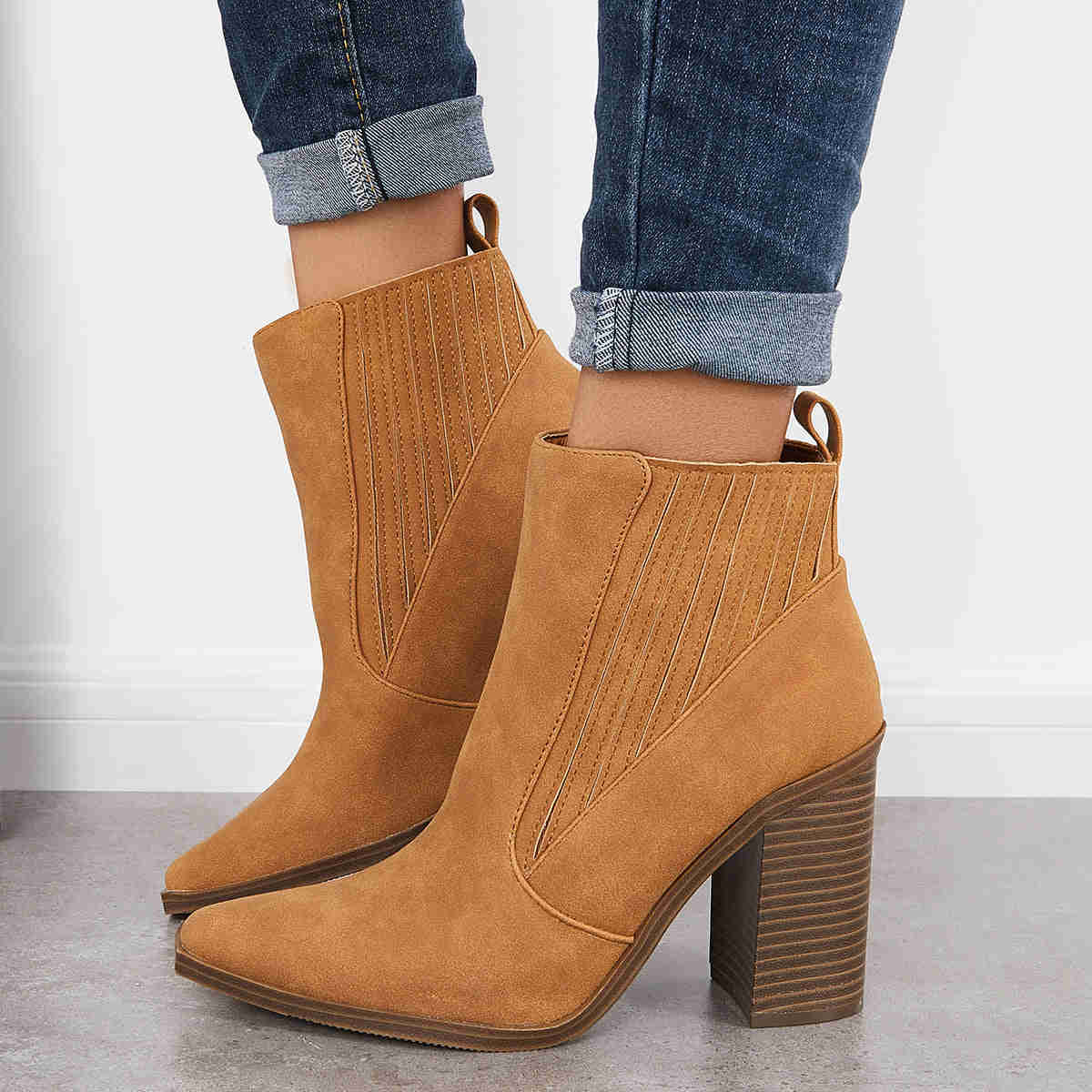 Pointed Toe Chunky Block Heel Ankle Boots Chelsea Western Booties