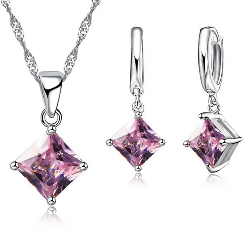 Women's 925 Sterling Silver Geometric Square Pendant Necklace and Earrings Set with Zircon for Wedding