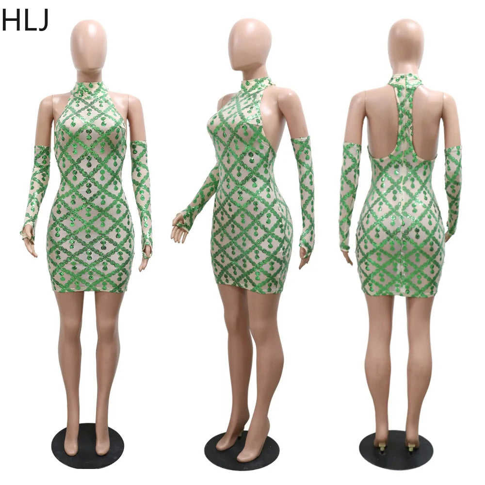 Fashion Mesh Perspective Sequin Bodycon Party Dress