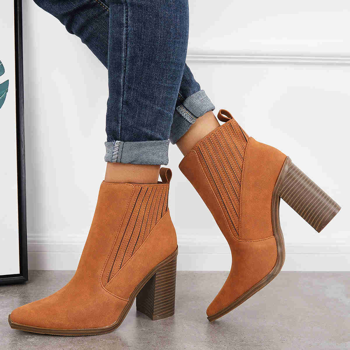 Pointed Toe Chunky Block Heel Ankle Boots Chelsea Western Booties