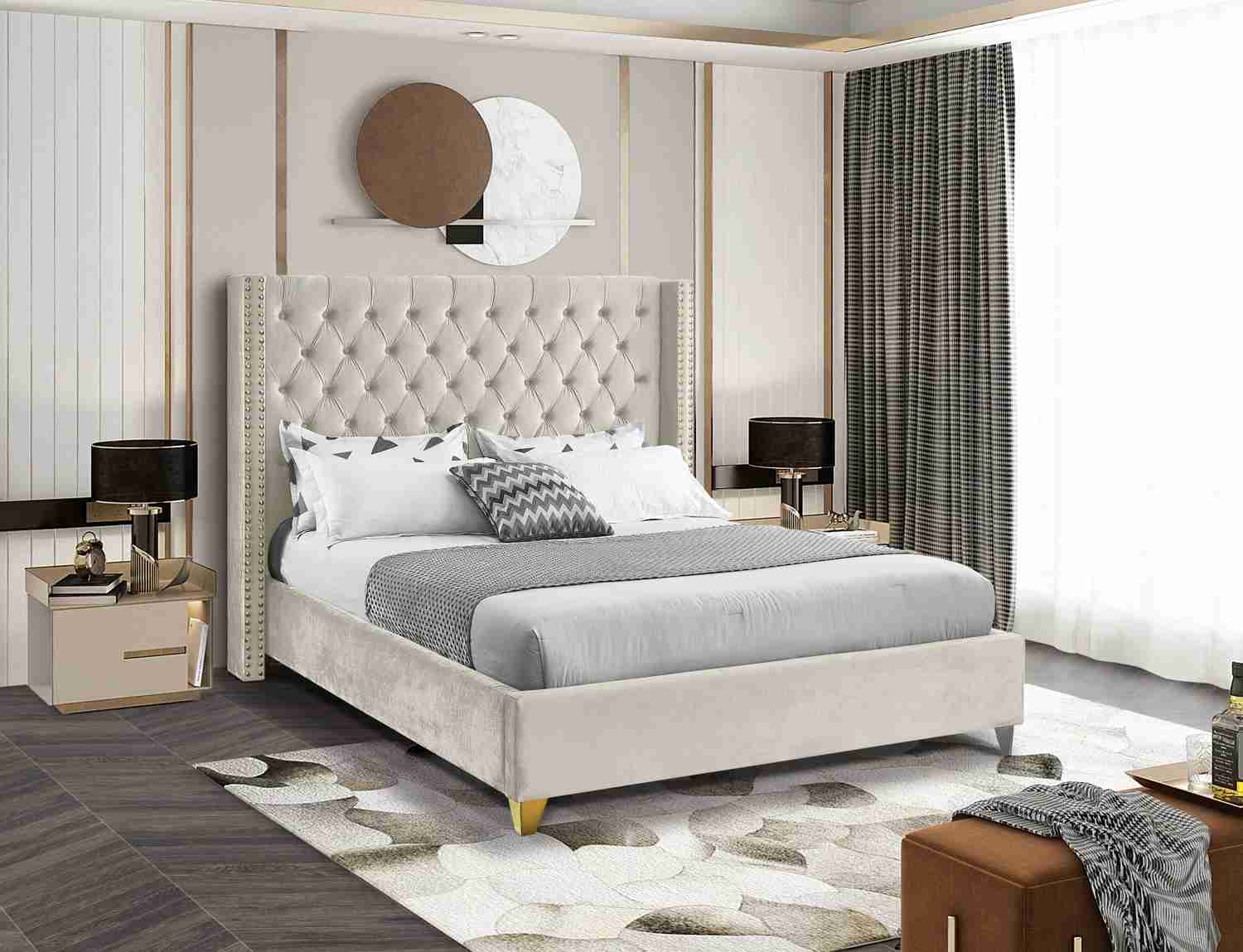 Barolo Cream Velvet Full Bed - Elegant Wing Design with Gold Accents