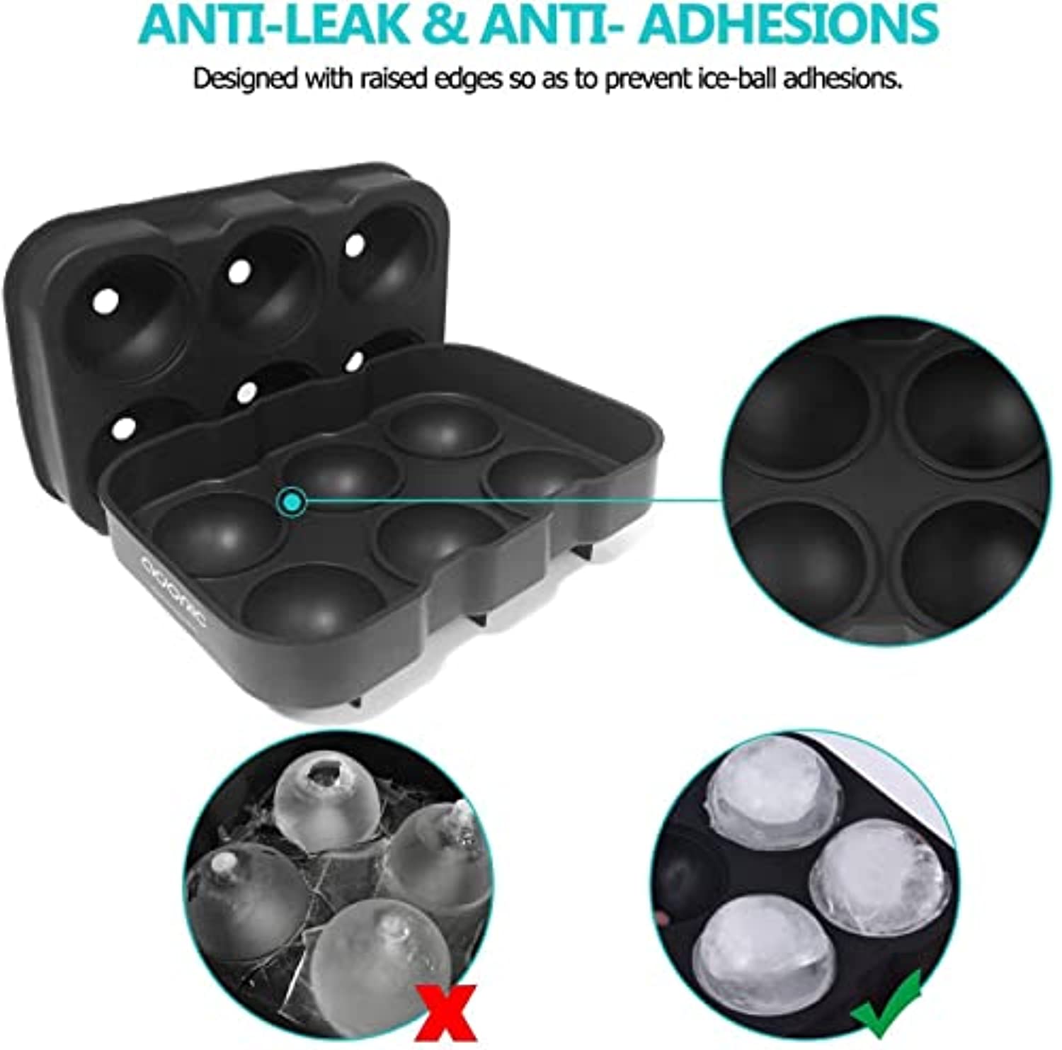 Adoric Silicone Ice Cube Tray Set - Large Square & Sphere Ice Ball Maker with Lid for Whiskey, BPA Free (2-Pack)