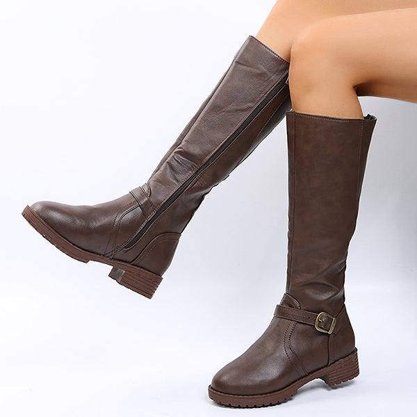 Corashoes Round Toe PU Back Zipper Tall Boots - Fashion & Casual Low Heel Boots