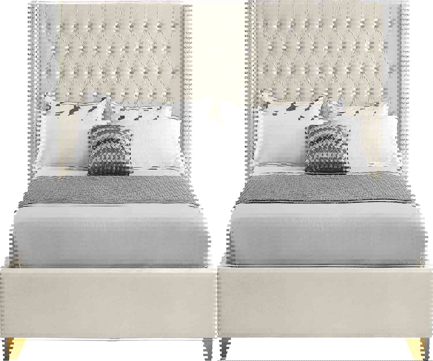 Barolo Cream Velvet Full Bed - Elegant Wing Design with Gold Accents