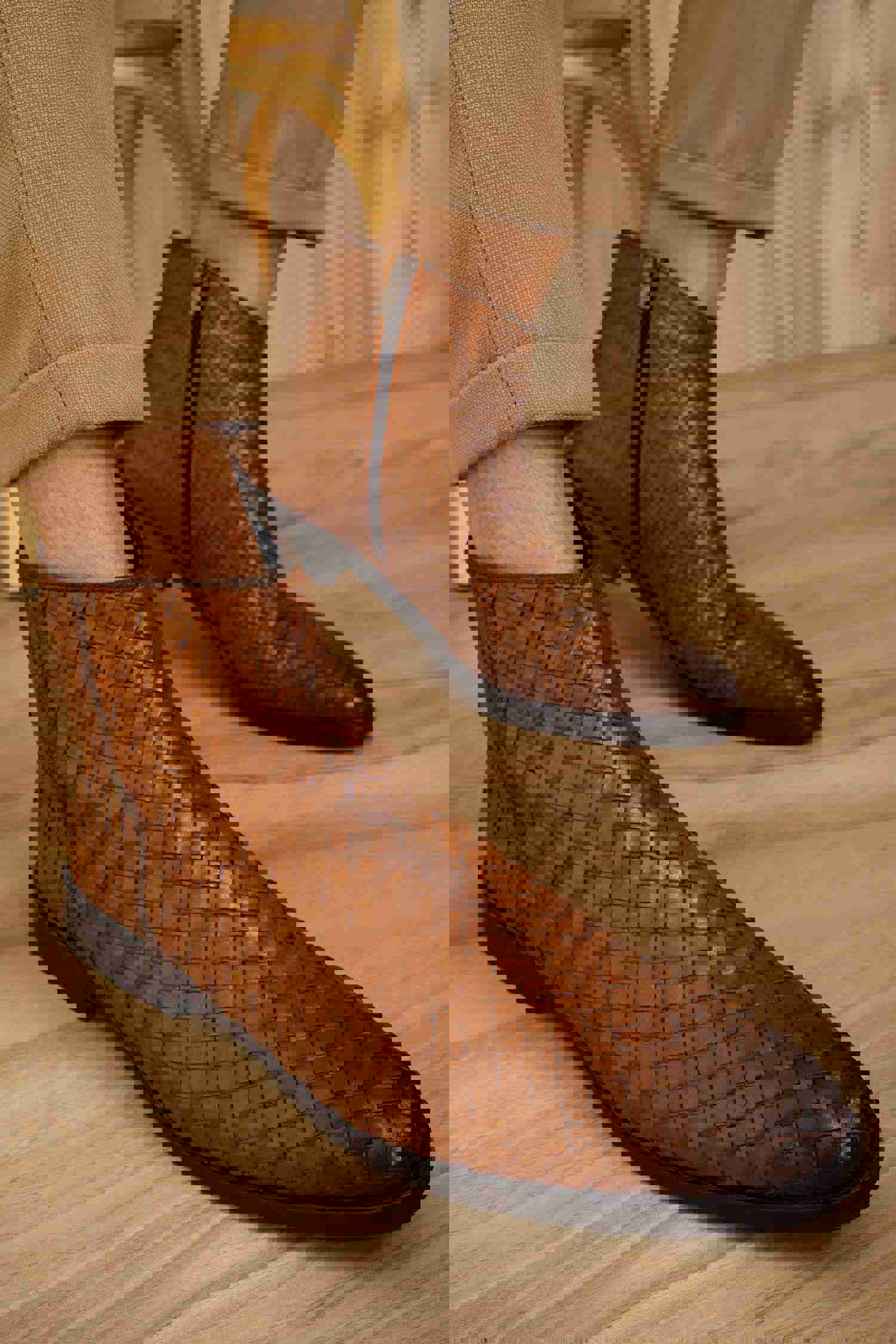 Wellington Tan Handwoven Leather Men Boot with Zipper