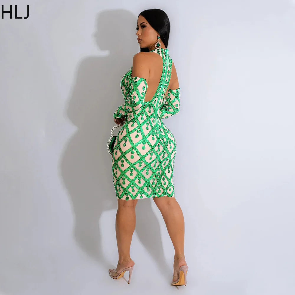 Fashion Mesh Perspective Sequin Bodycon Party Dress