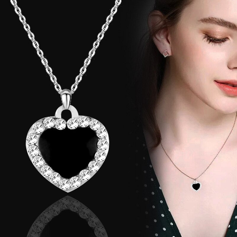 KIOOZOL Classic Solid Rhinestone Pendant Red Black Heart Shaped Choker Necklace For Women