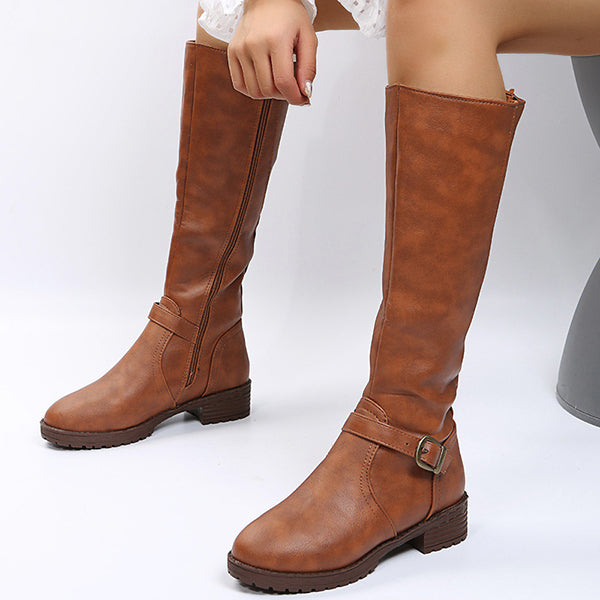 Corashoes Round Toe PU Back Zipper Tall Boots - Fashion & Casual Low Heel Boots