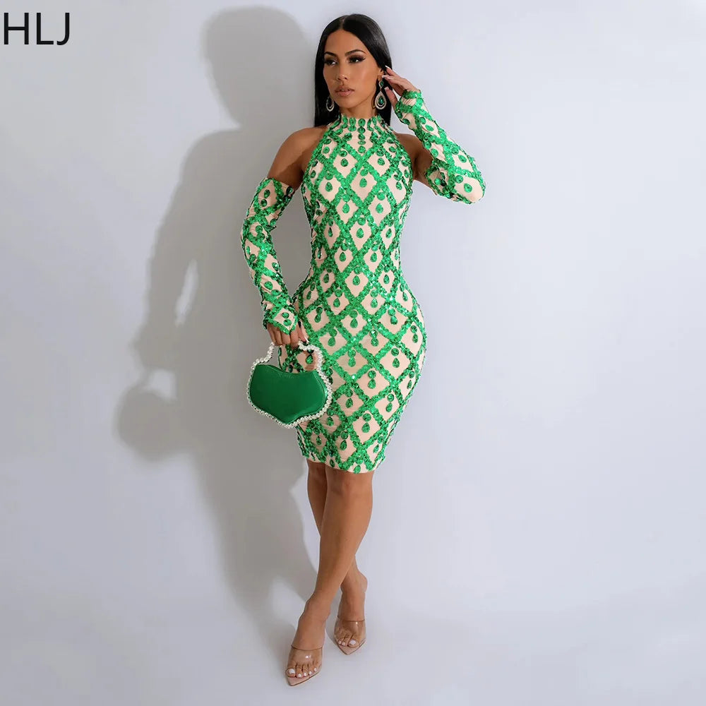 Fashion Mesh Perspective Sequin Bodycon Party Dress