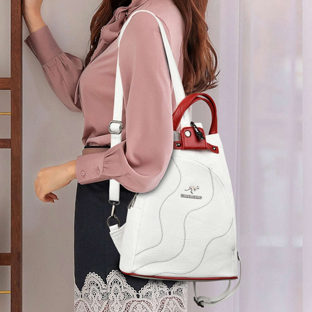 Lkblock High Quality Leather Women Backpack - Fashion Anti-theft Travel Shoulder Bag