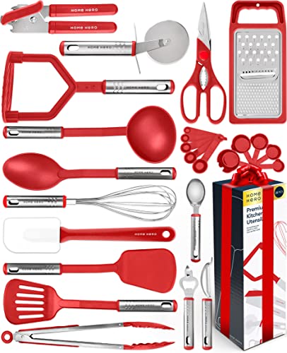 Home Hero 25pc Kitchen Utensils Set - Nylon & Stainless Steel Cooking Tools (Red)