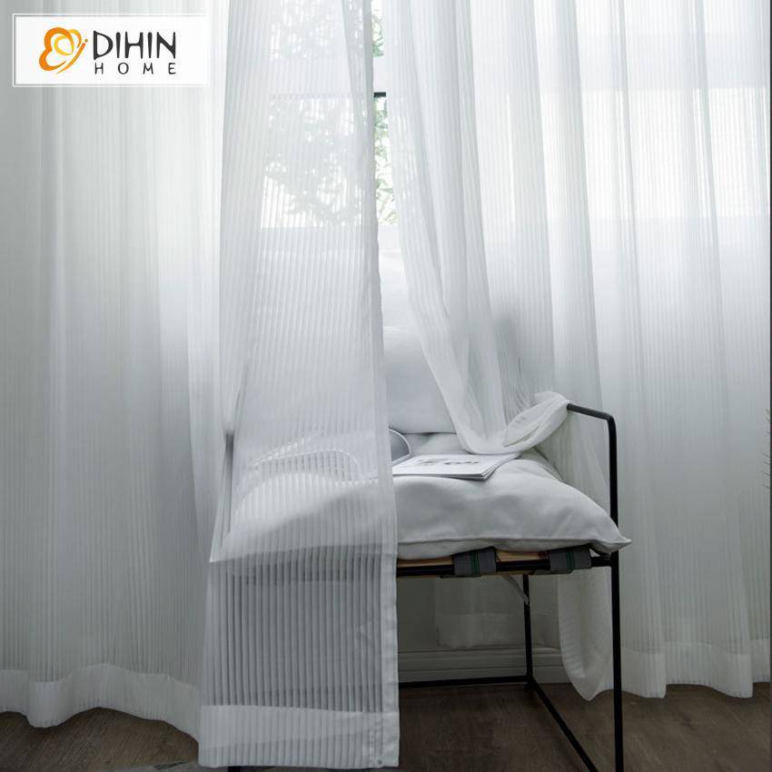 DIHIN HOME Modern High Quality White Striped Sheer Curtain with Grommet, 52x63-inch, 1 Panel