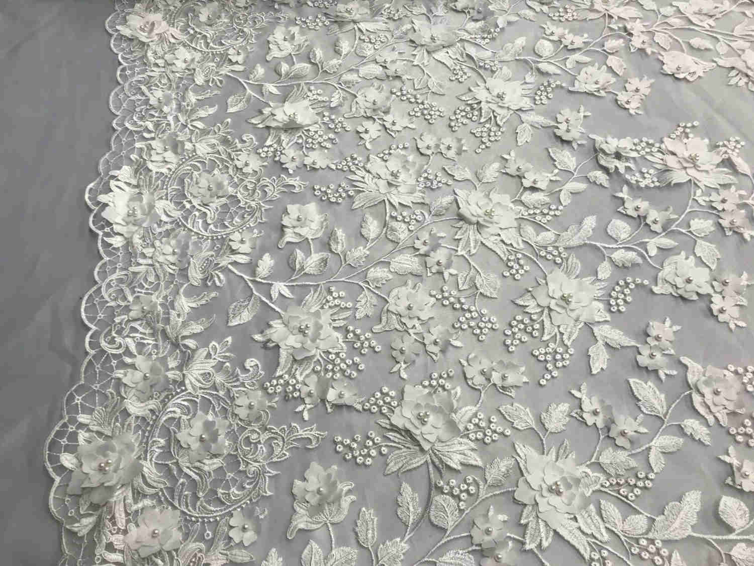 White 3D Floral Embroidered Beaded Mesh Lace Fabric for Dresses and Decor