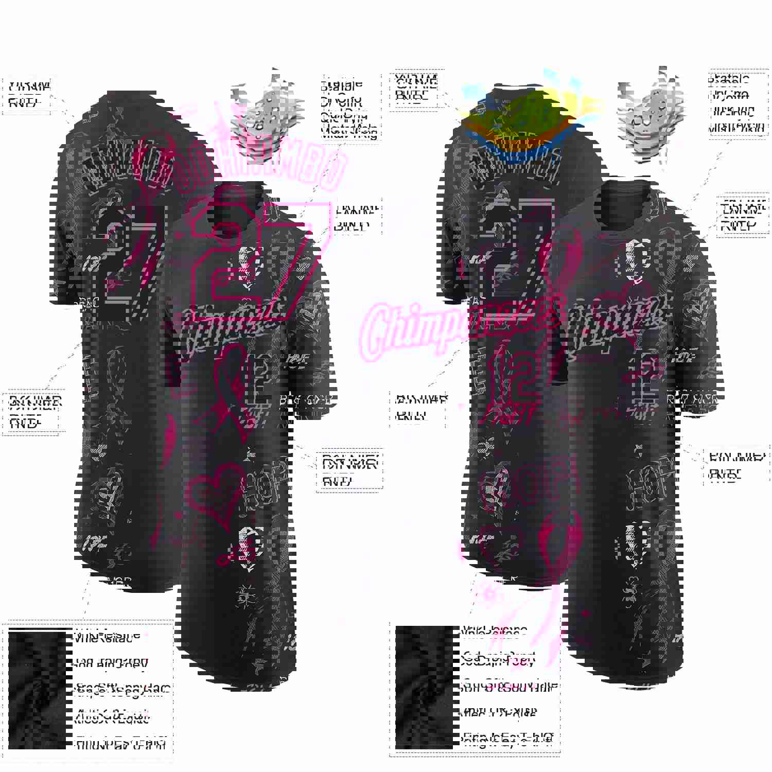 Custom Black Pink 3D Pattern Design Pink Ribbon Breast Cancer Awareness Month Women Health Care Support Performance T-Shirt