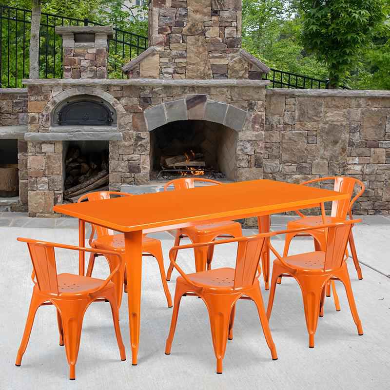Flash Furniture 31.5 x 63 Rectangular Orange Metal Indoor-Outdoor Table Set with 6 Arm Chairs