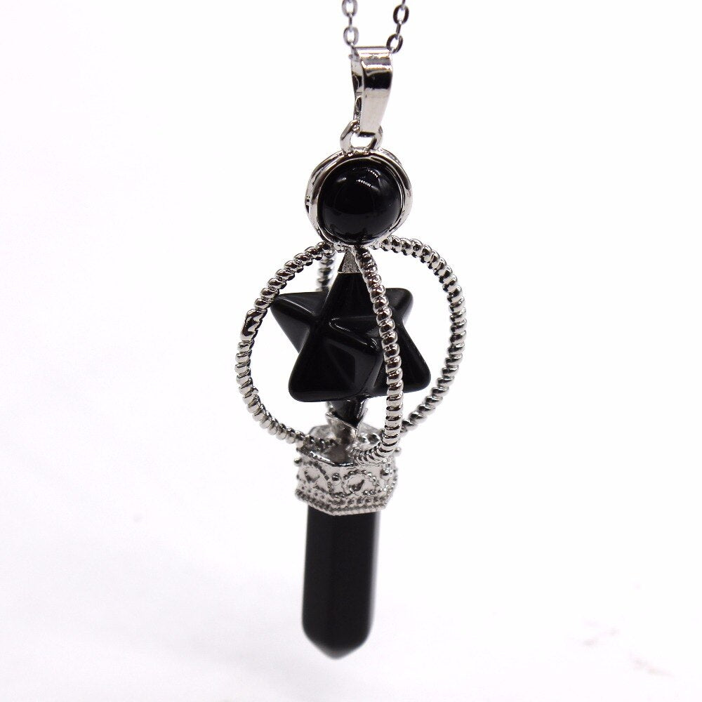 Natural Gnergy Gemstone Vintage Silver Plated Amethysts Energy Symbol Sceptre Pendant With Round Beads Rose Pink Quartz Jewelry