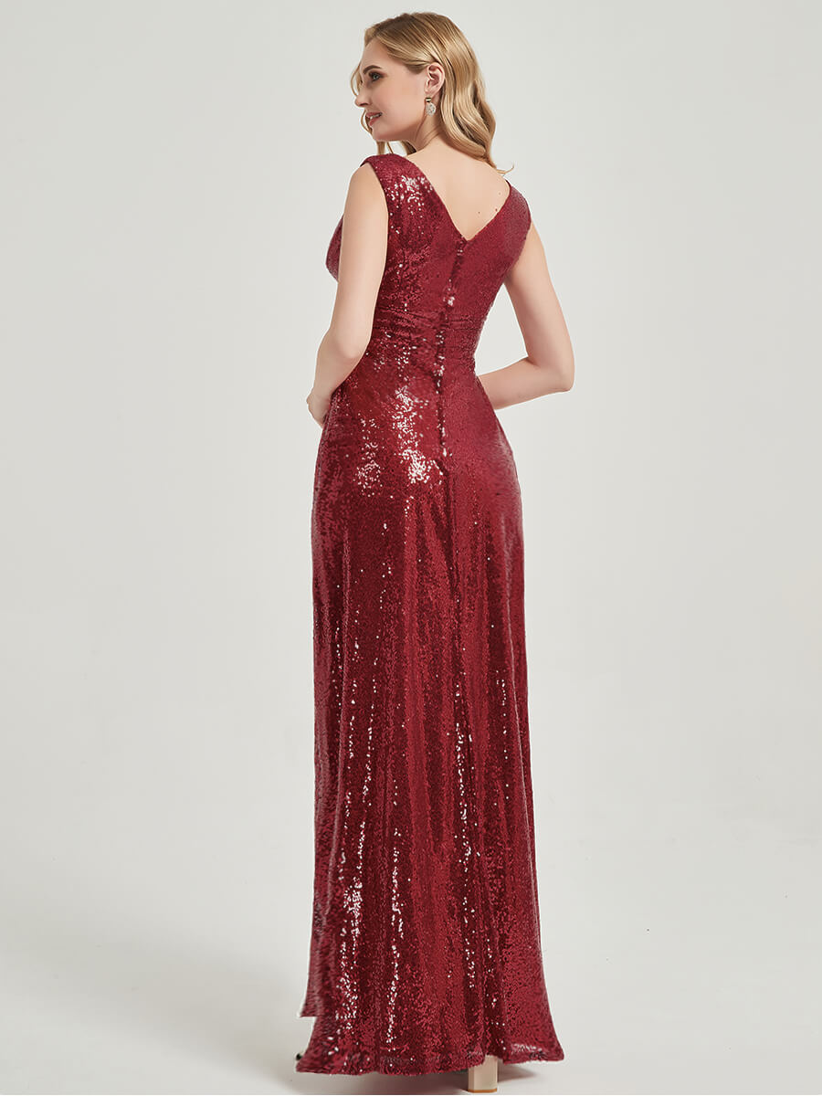 Wine Red V-Neck Sleeveless Floor Length Sequin Bridesmaid Dress