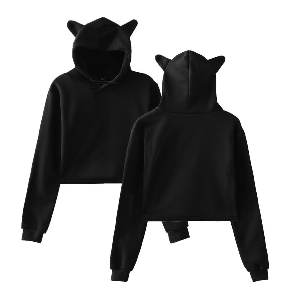 Cropped Long Sleeved Pull-Over Hoodie with Cat Ears