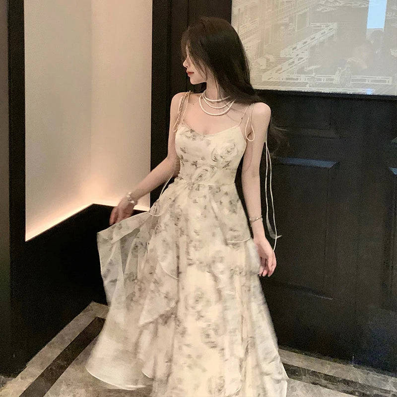 Nukty Vintage Shivering Print Dress for Women - Sling Sleeveless Slim Flounce Chiffon Casual Korean Long Dress