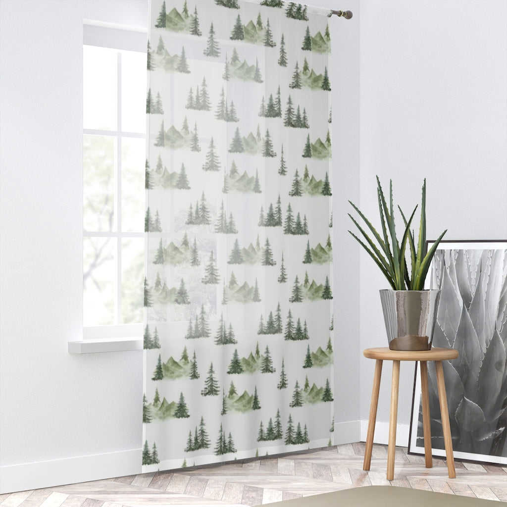 Pine Tree Mountains Sheer Curtain Single Panel - Enchanted Green for Nursery and Kids Room