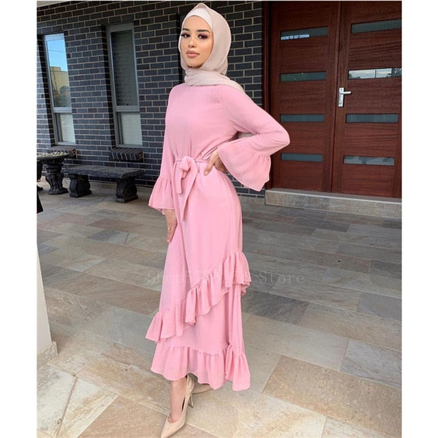 Elegant Women's Muslim Abaya Dress with Lace Detail - Arabic Turkish Kaftan for Party & Ramadan