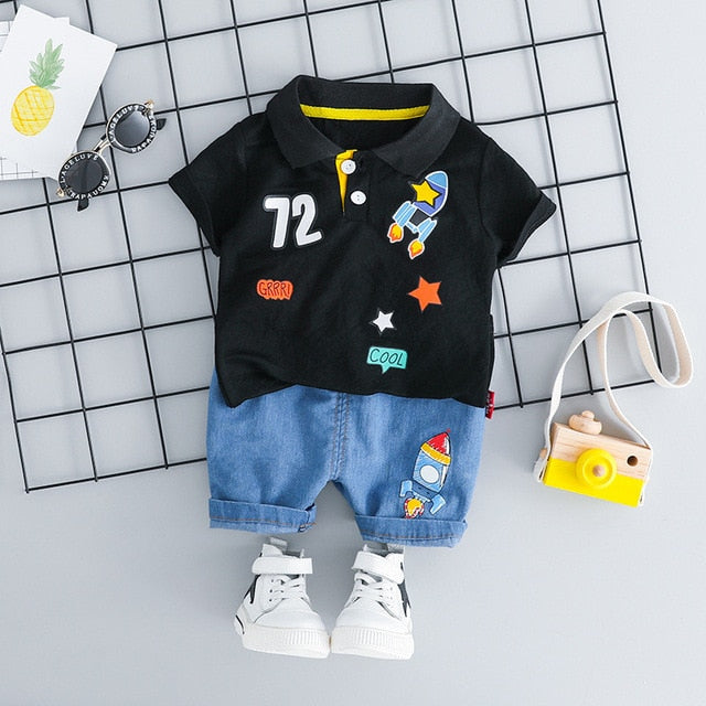MOF Kids Baby Boy Summer Outfit - Cartoon Print T-Shirt & Shorts