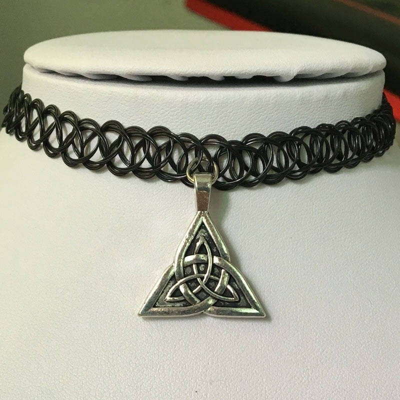 80s 90s 00s Celtic Knot Elastic Tattoo Choker Necklace - Gothic Tibetan Silver Pendant
