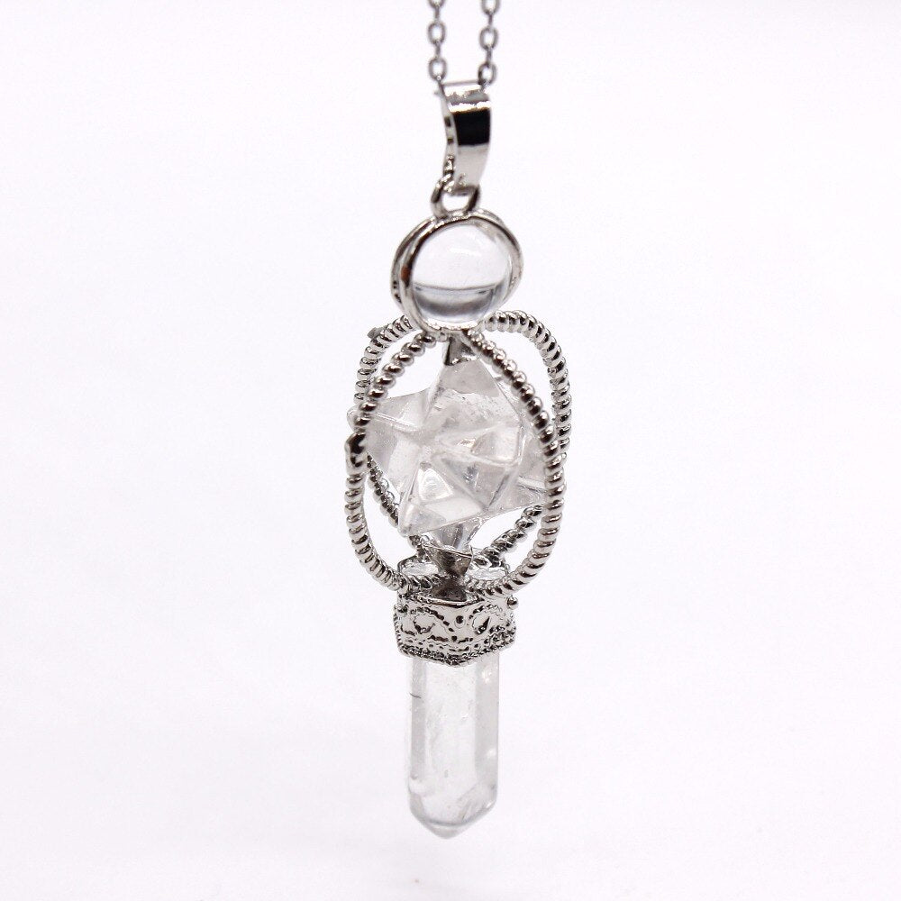 Natural Gnergy Gemstone Vintage Silver Plated Amethysts Energy Symbol Sceptre Pendant With Round Beads Rose Pink Quartz Jewelry