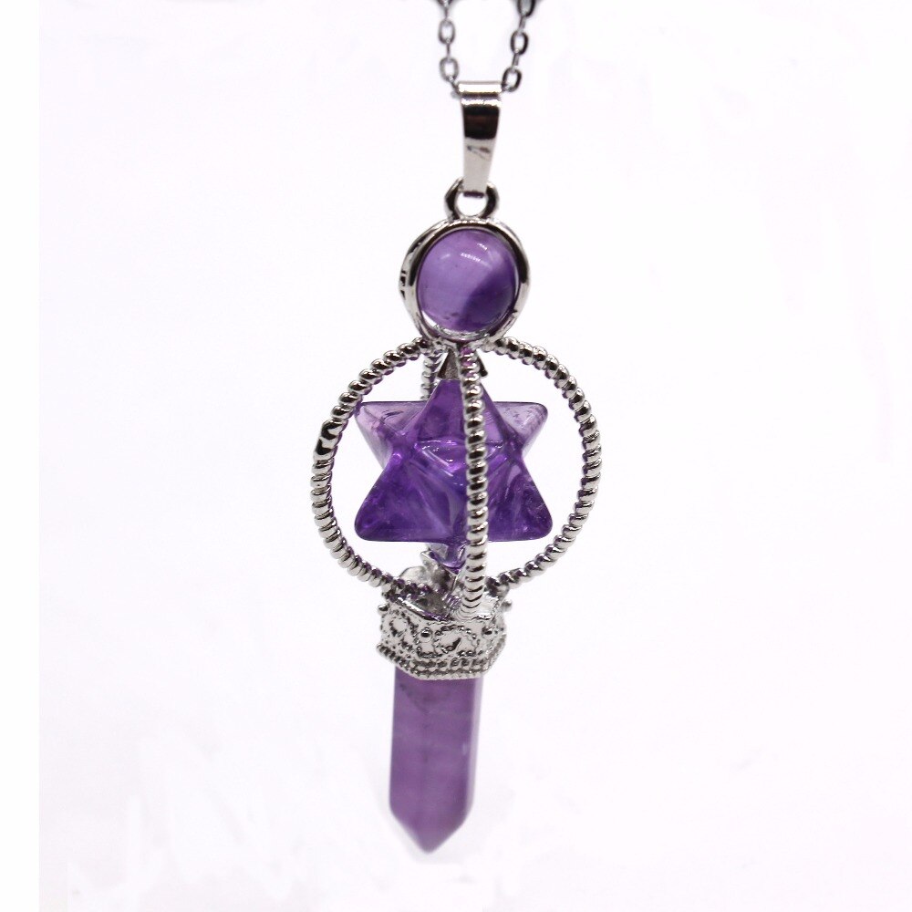Natural Gnergy Gemstone Vintage Silver Plated Amethysts Energy Symbol Sceptre Pendant With Round Beads Rose Pink Quartz Jewelry