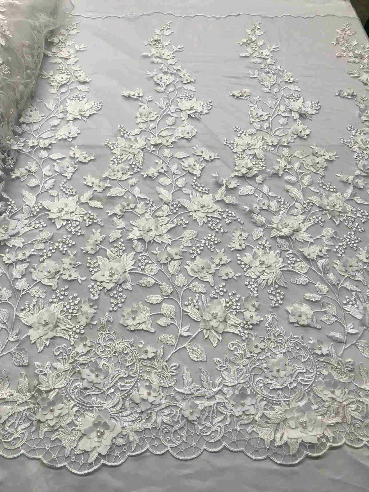White 3D Floral Embroidered Beaded Mesh Lace Fabric for Dresses and Decor
