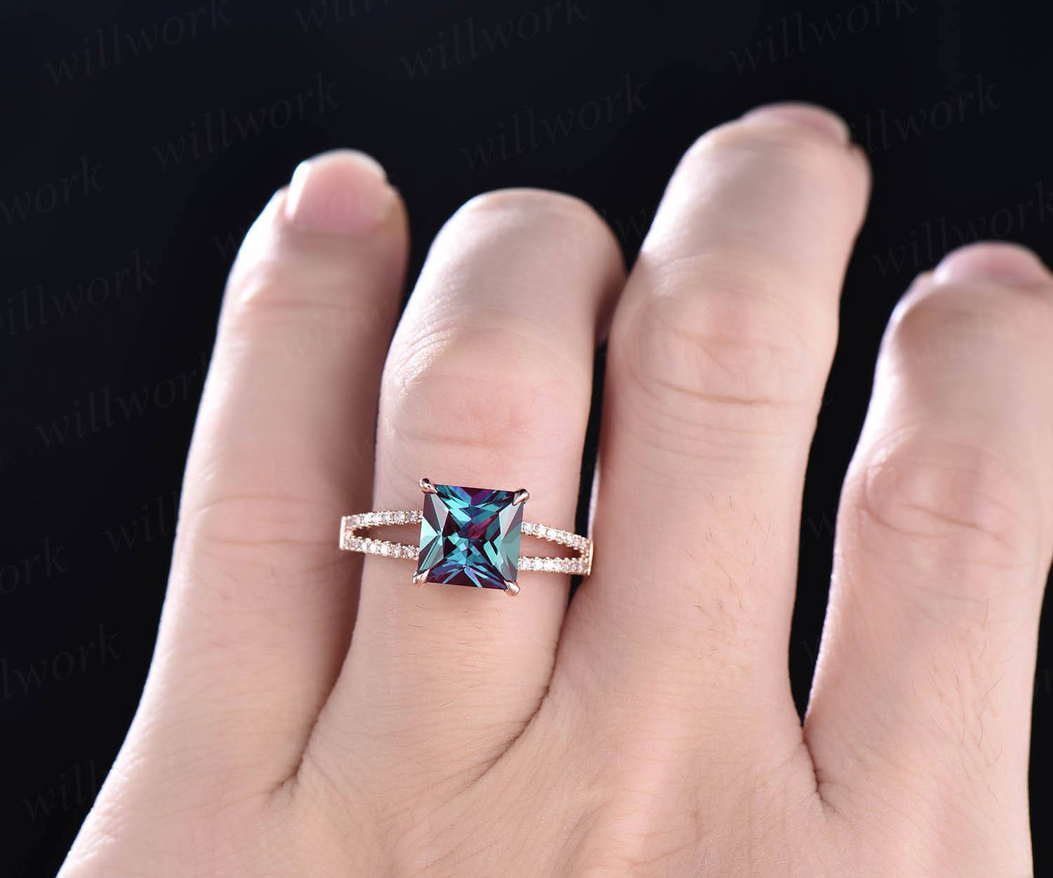 Unique Princess Cut Alexandrite Engagement Ring in Rose Gold with Diamonds
