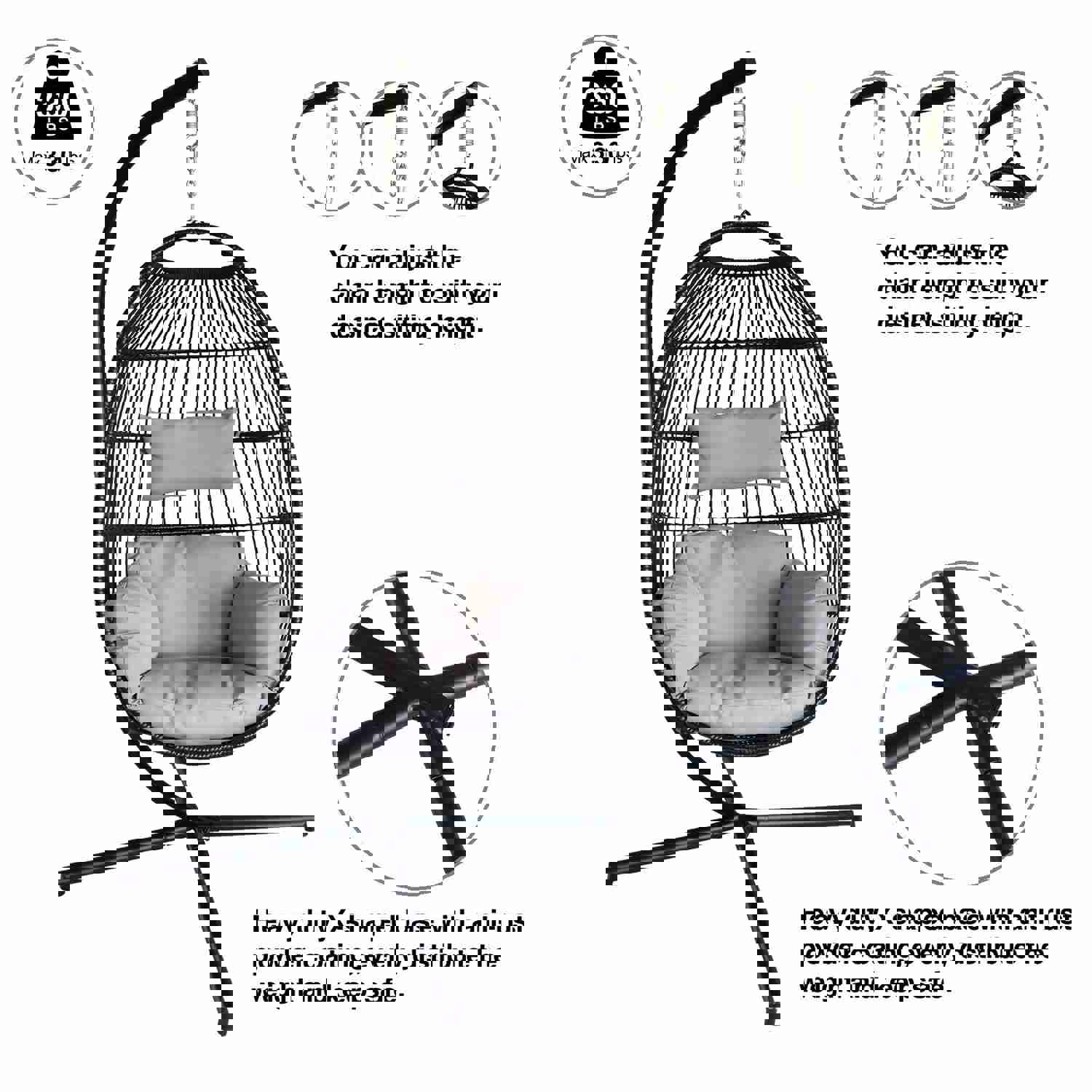 Large Folding Hanging Egg Chair with Stand for Outdoor Patio, Grey Cushion, 330LBS Capacity