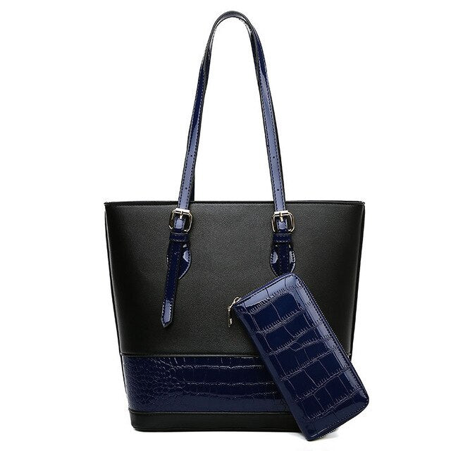 Stylish Large Capacity Crocodile Patchwork PU Leather Purse and Bag Set