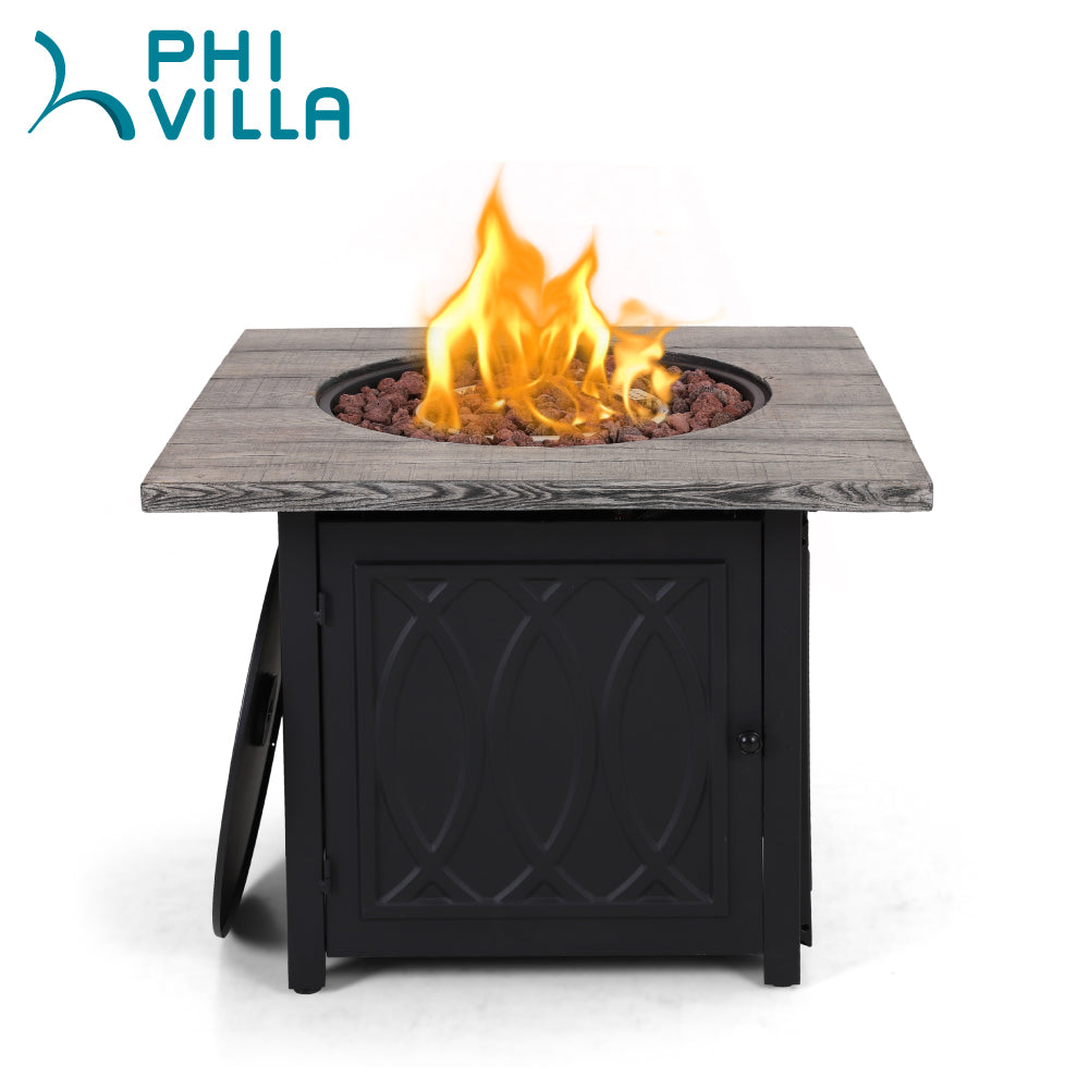 PHI VILLA 32 Inch 50,000 BTU Outdoor Terrafab Square Gas Fire Pit Table With Lid & Lava Rocks & PVC Cover
